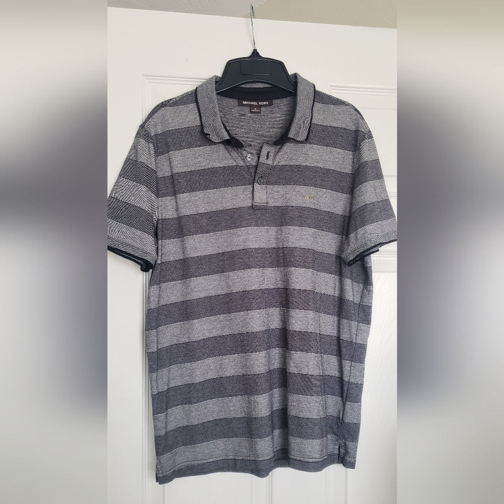 Michael Kors Gray Striped Polo Short Sleeve Shirt Mens Size Medium